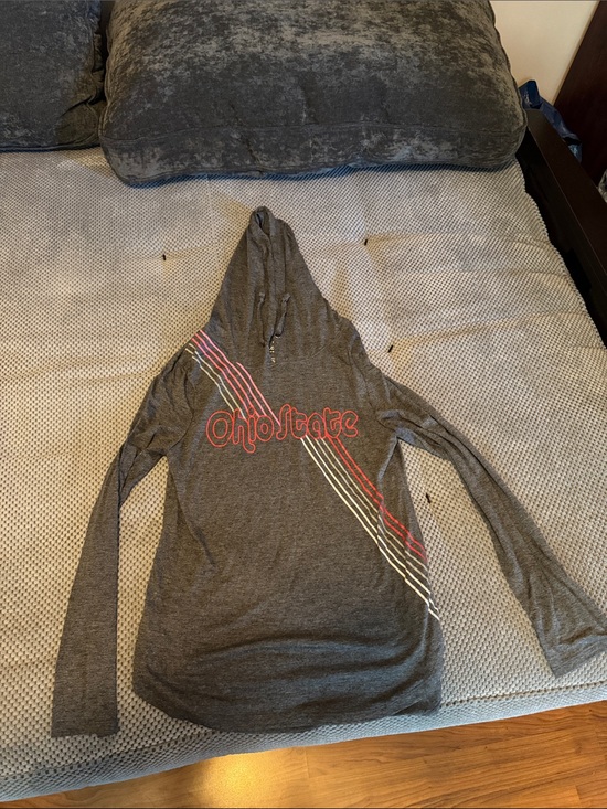 Colosseum Tops - Colosseum Gray Hooded Long-Sleeve Tee with Red Script and Multicolor Stripes